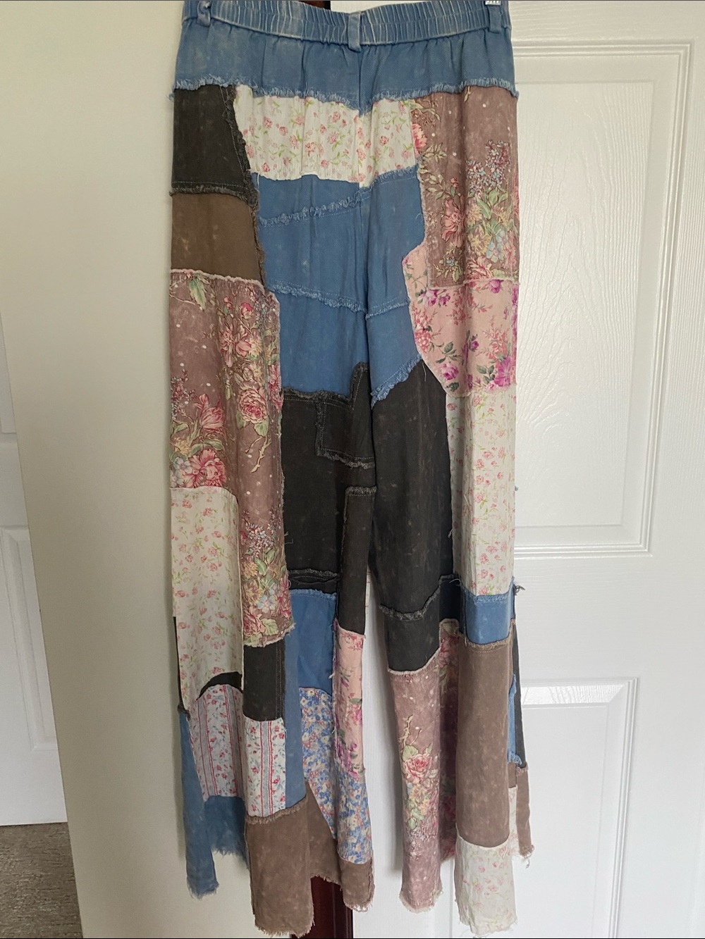 Oli & Hali Patchwork Wide Leg Pants with Tie Belt - Blue, Brown & Pink - Picture 3 of 3